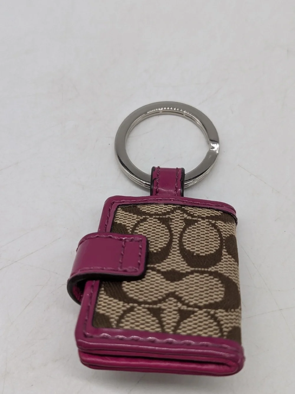 Coach Brown Signature Key chain photo locket with Pink Patent Trim